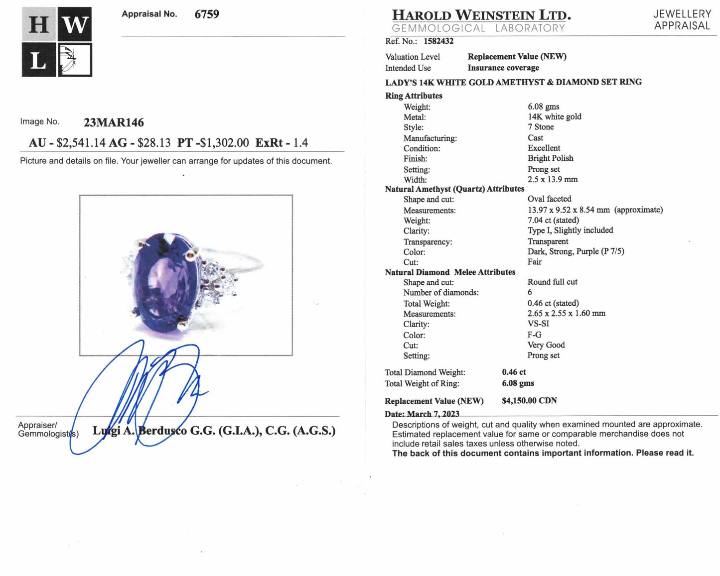 7.04 Carat Amethyst & Diamond Ring