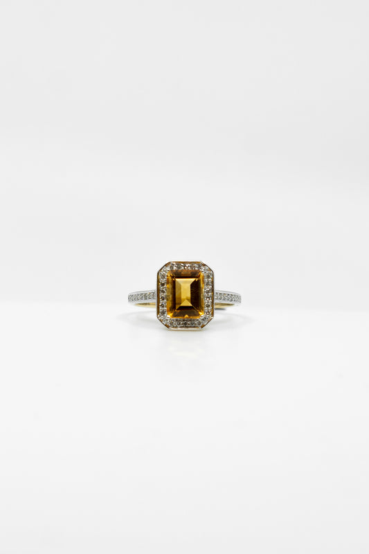 Emerald Cut Citrine & Diamond Ring