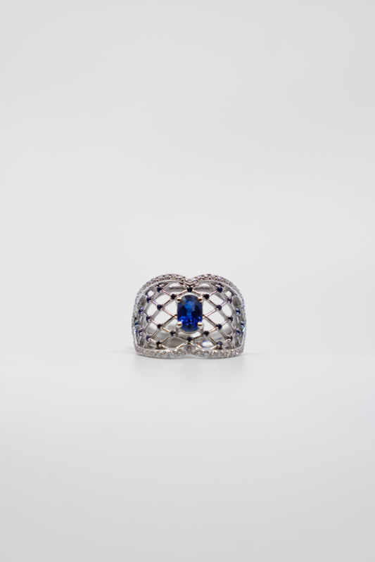Blue Sapphire & Diamond Open Latticework Ring