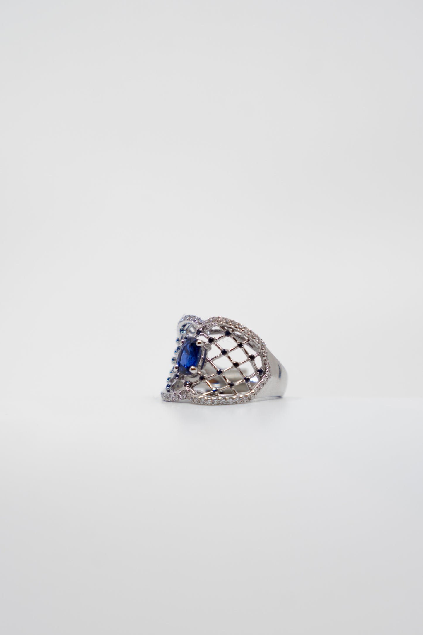 Blue Sapphire & Diamond Open Latticework Ring