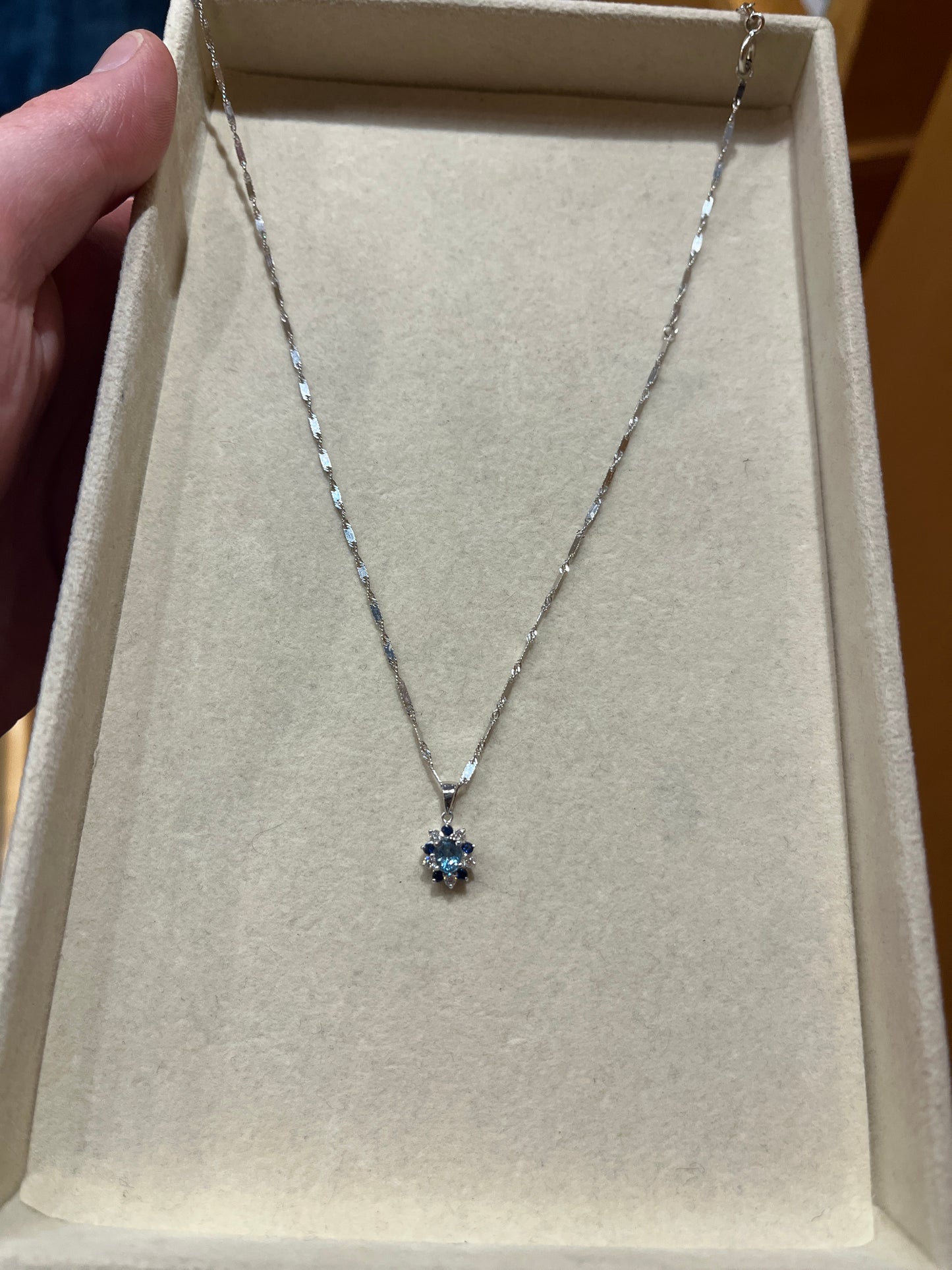 Aquamarine, Sapphire & Diamond Pendant with Chain