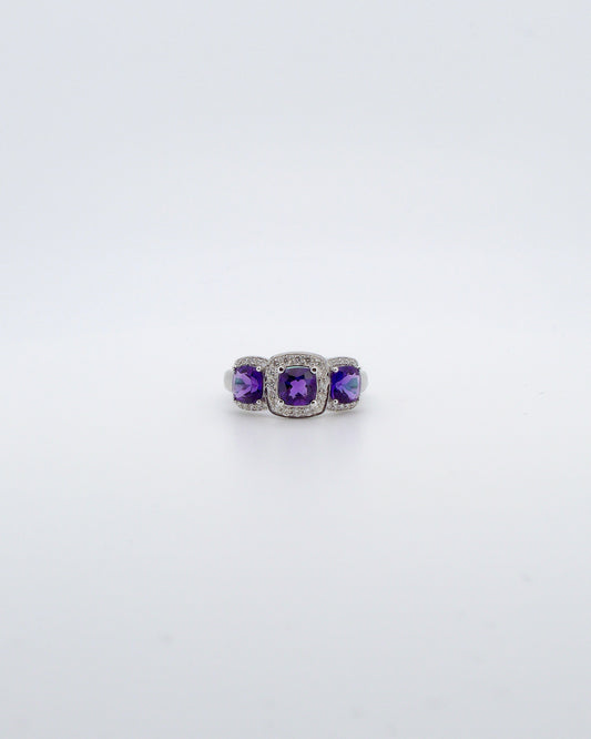 Three Stone Amethyst & Diamond Ring
