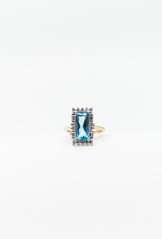 Elongated Blue Topaz & Diamond Ring