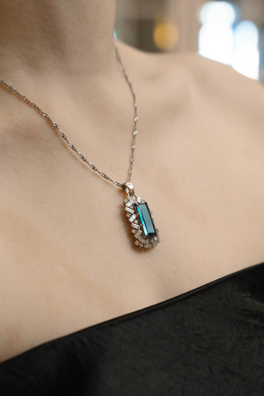 Elongated Blue Tourmaline & Diamond Pendant