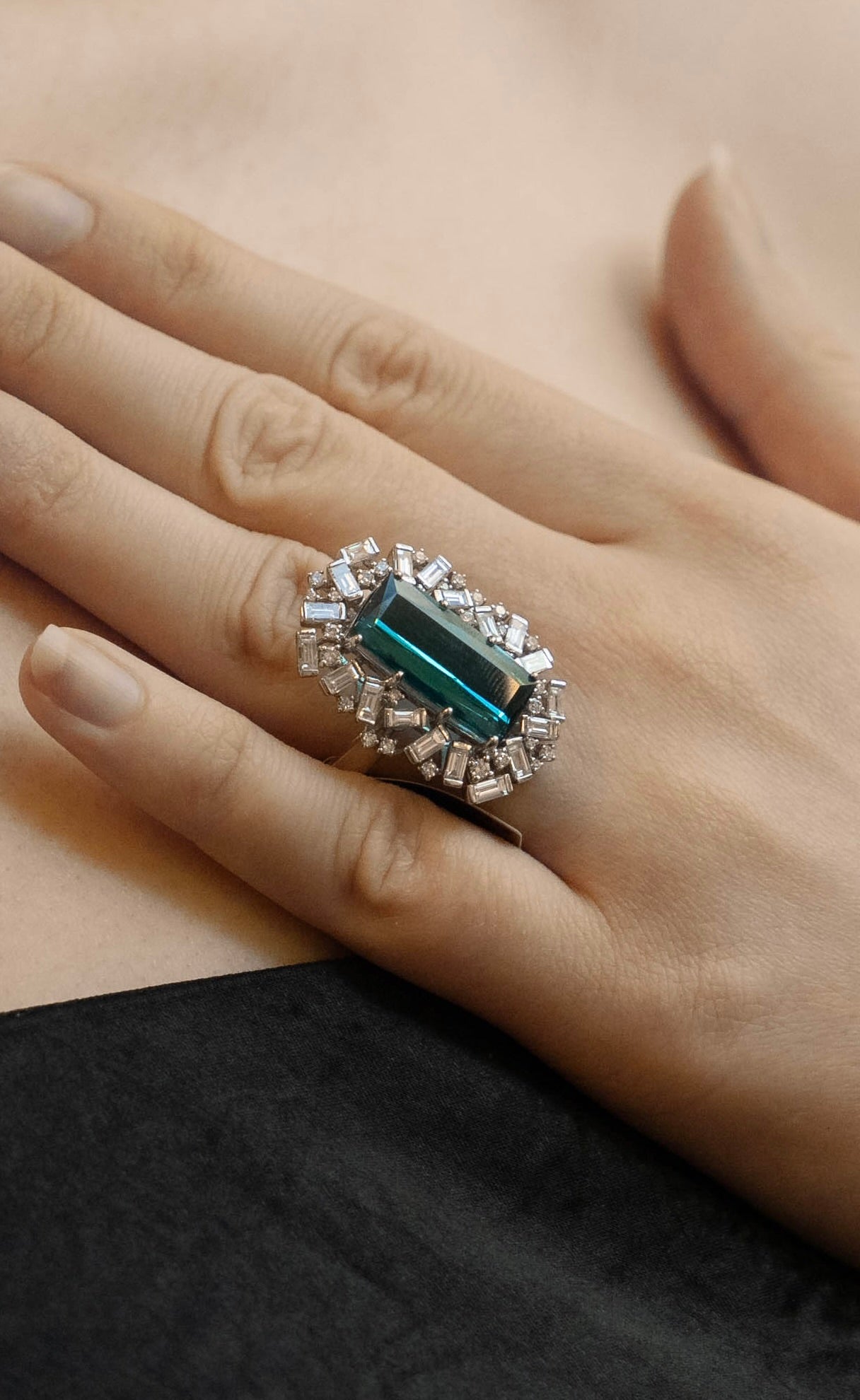 Elongated Blue Tourmaline & Diamond Ring