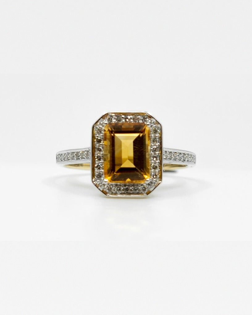 Emerald Cut Citrine & Diamond Ring