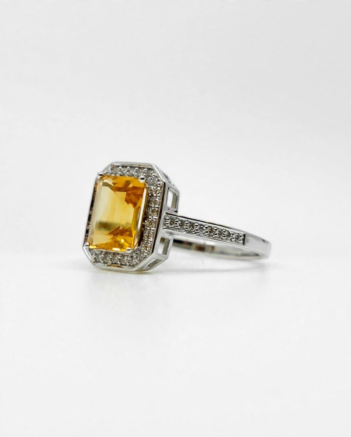 Emerald Cut Citrine & Diamond Ring